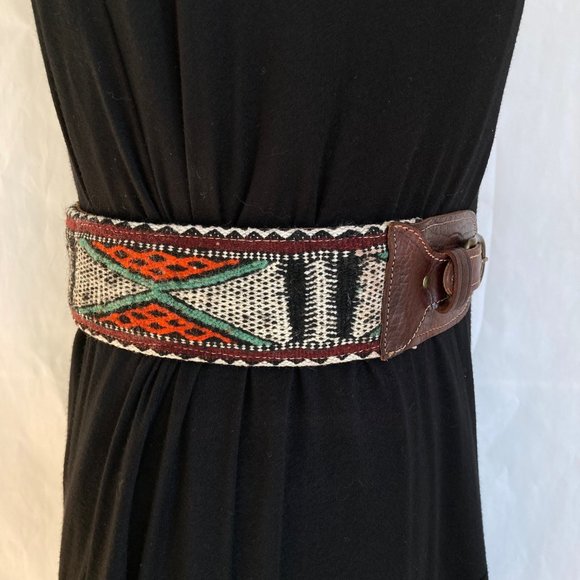 Anthropologie Double Buckle Western Cinch Belt Sz M Brown Leather, Woven Fabric main image 11